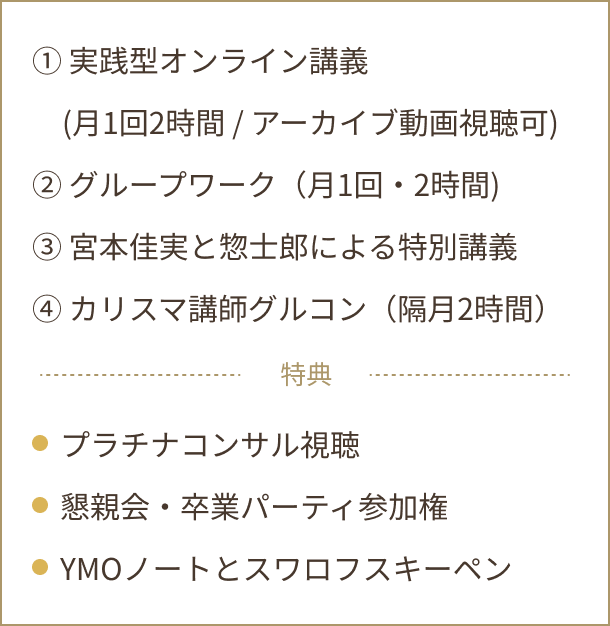 ① 実践型オンライン講義　(月1回2時間 / アーカイブ動画視聴可)② グループワーク（月1回・2時間）宮本佳実と惣士郎による特別講義